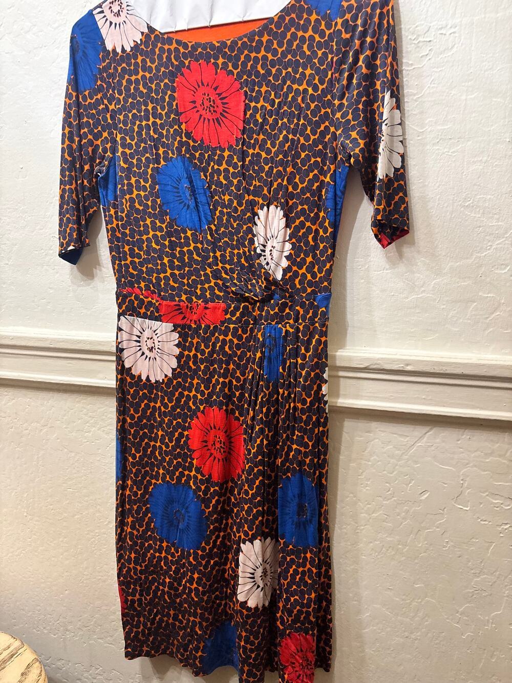 Boden Bold Floral Print Jersey Midi Dress Size 8 UK 12 3/4 Sleeve Ruched Waist